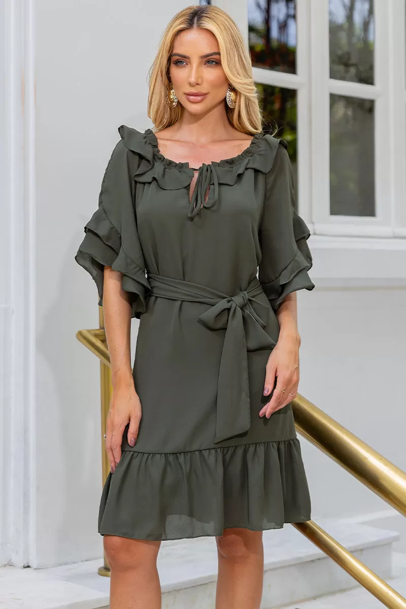 Miss Misses - Simone Crepe Off-the-Shoulder Dress with Moss Green Sash - 54483038