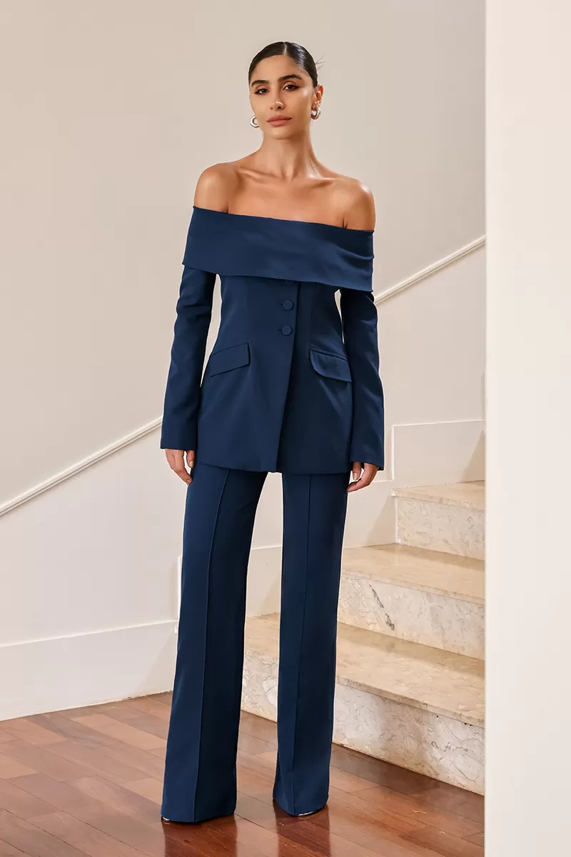 Dot Clothing - Dot Clothing Mirela Tailoring Off-the-Shoulder Navy Set - 2627MARINHO