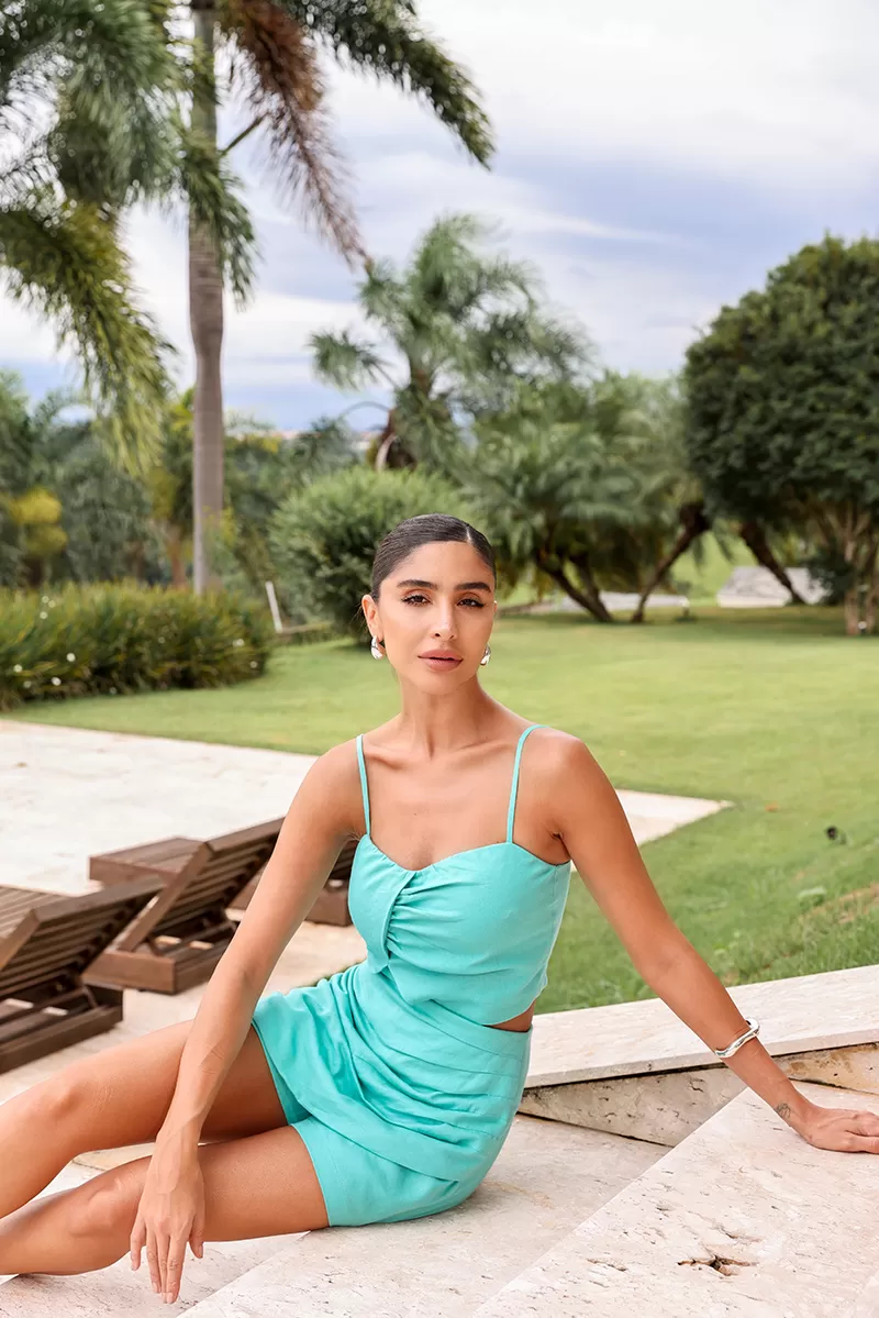 Dot Clothing - Conjunto Dot Clothing Perola Shorts e Blusa Drapeada Turquesa - 2625TURQ