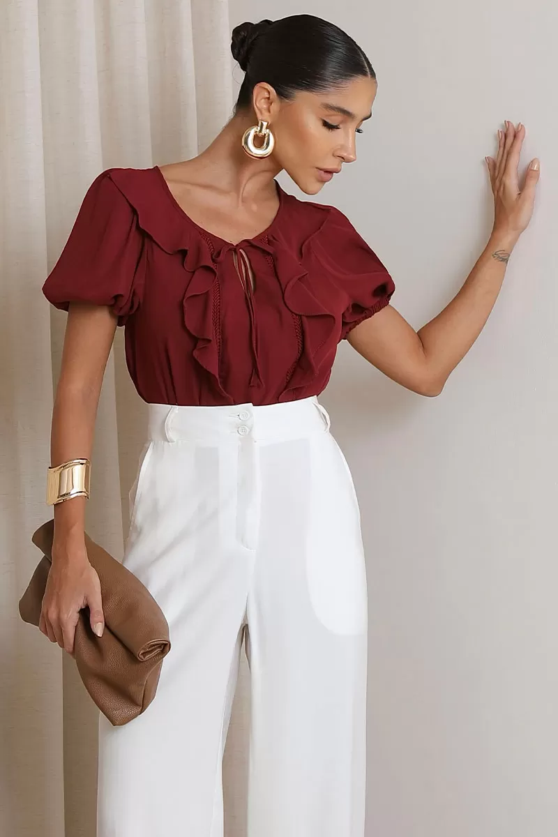 Miss Misses - Nicole Shirt With Frill Detail With Wine Guipir - 54474006