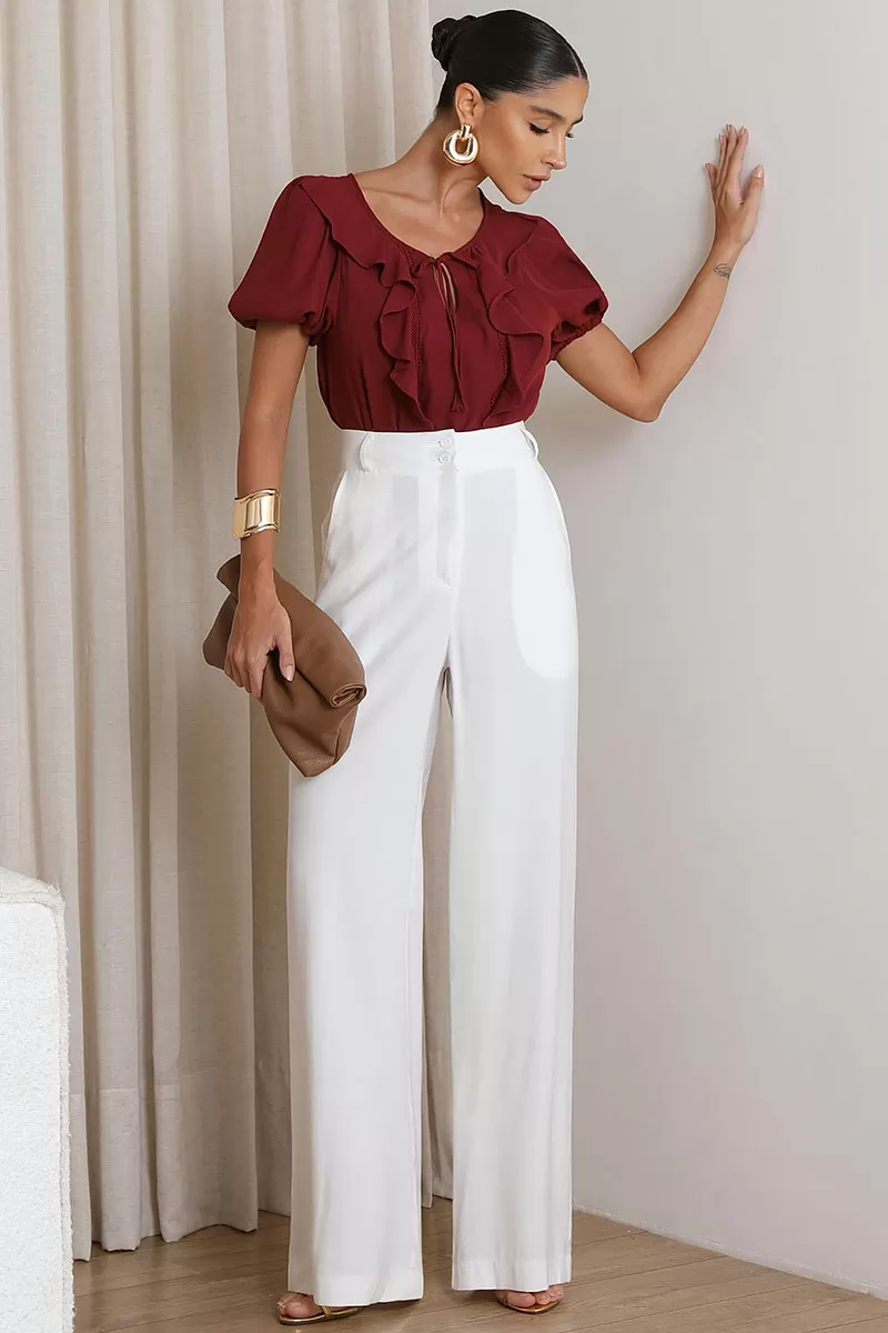 Miss Misses - Nicole Shirt With Frill Detail With Wine Guipir - 54474006