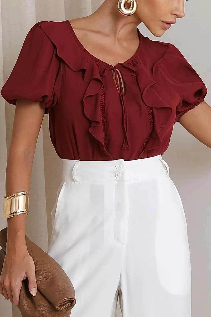 Miss Misses - Nicole Shirt With Frill Detail With Wine Guipir - 54474006