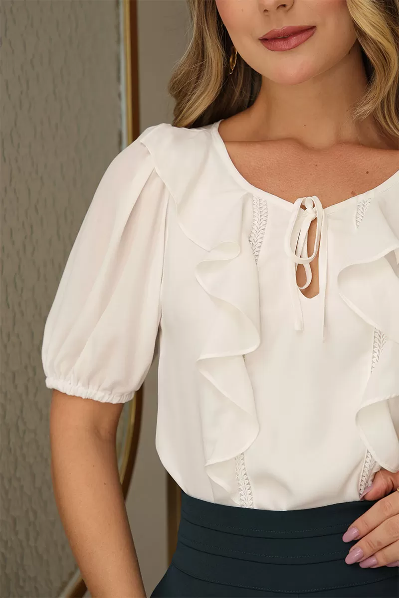 Miss Misses - Blusa Nicole Com Detalhe Babado Com Guipir Off - 54474030