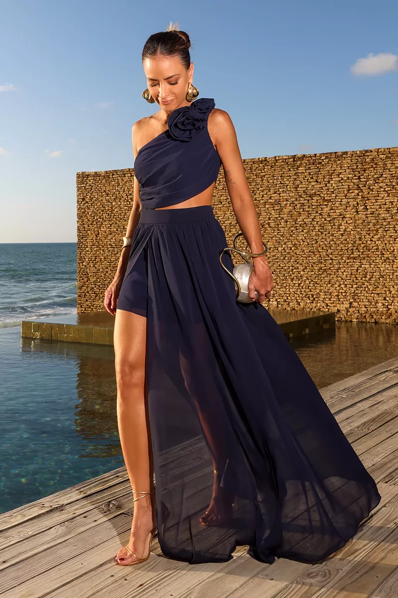 Dot Clothing - Dot Clothing Fernanda One Shoulder Navy Blue Dress - 2599AZULM