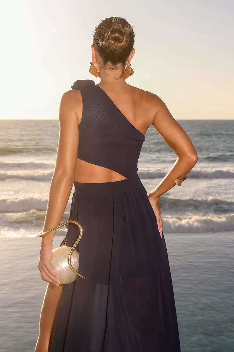 Dot Clothing - Dot Clothing Fernanda One Shoulder Navy Blue Dress - 2599AZULM