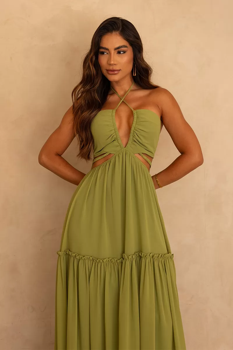 Dot Clothing - Dot Clothing Long Dress AnaLu Cutouts Olive Green - 2584VERDE