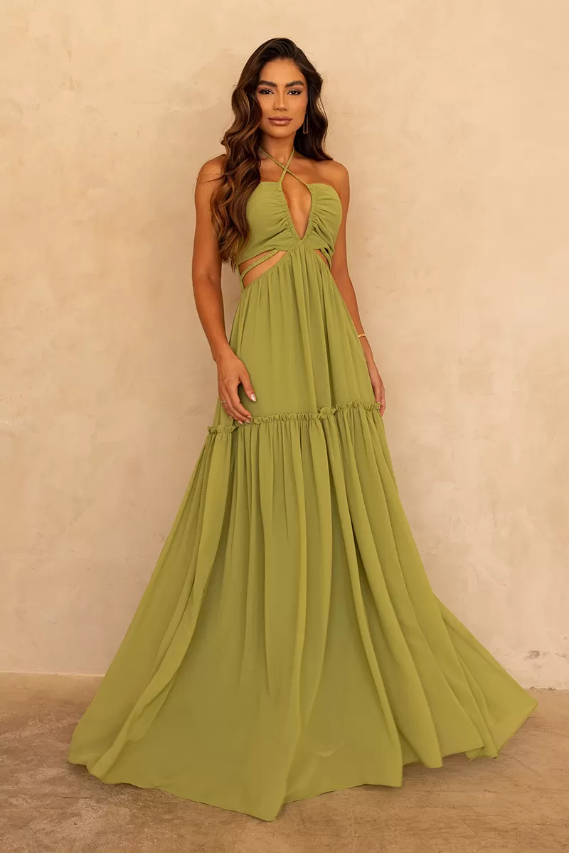Dot Clothing - Dot Clothing Long Dress AnaLu Cutouts Olive Green - 2584VERDE