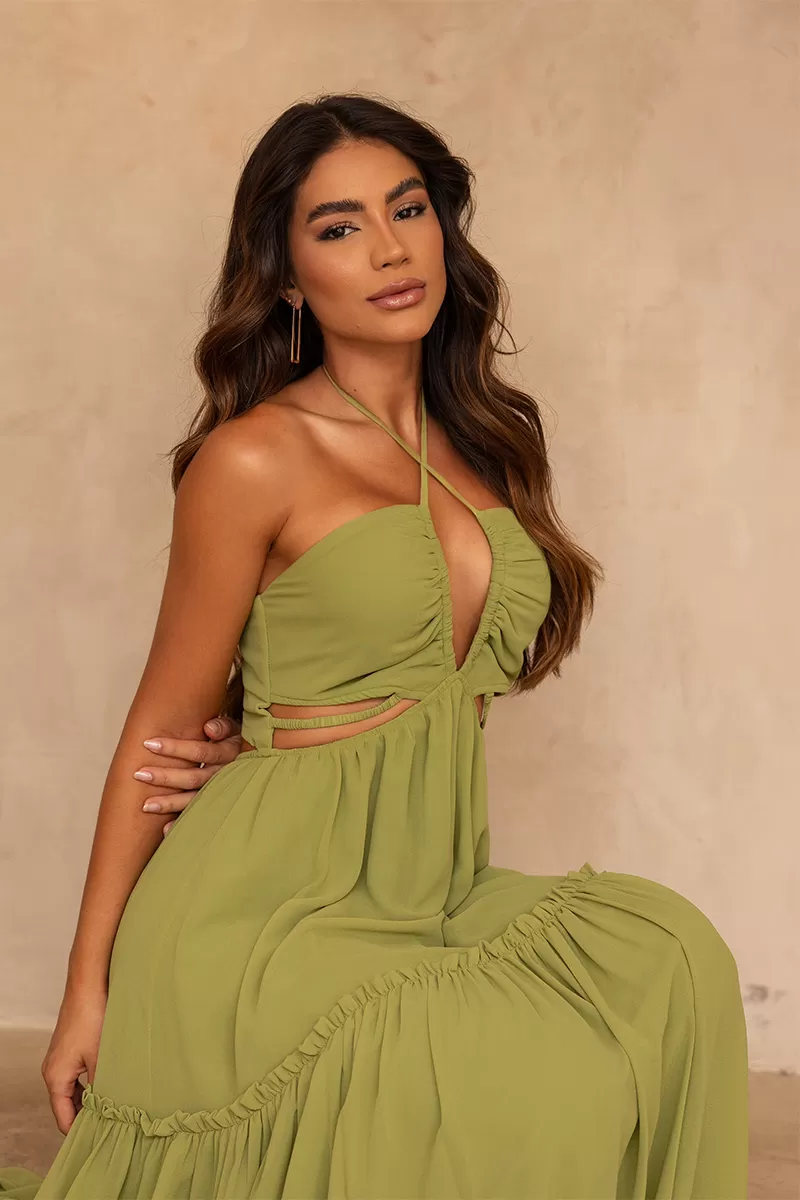 Dot Clothing - Dot Clothing Long Dress AnaLu Cutouts Olive Green - 2584VERDE