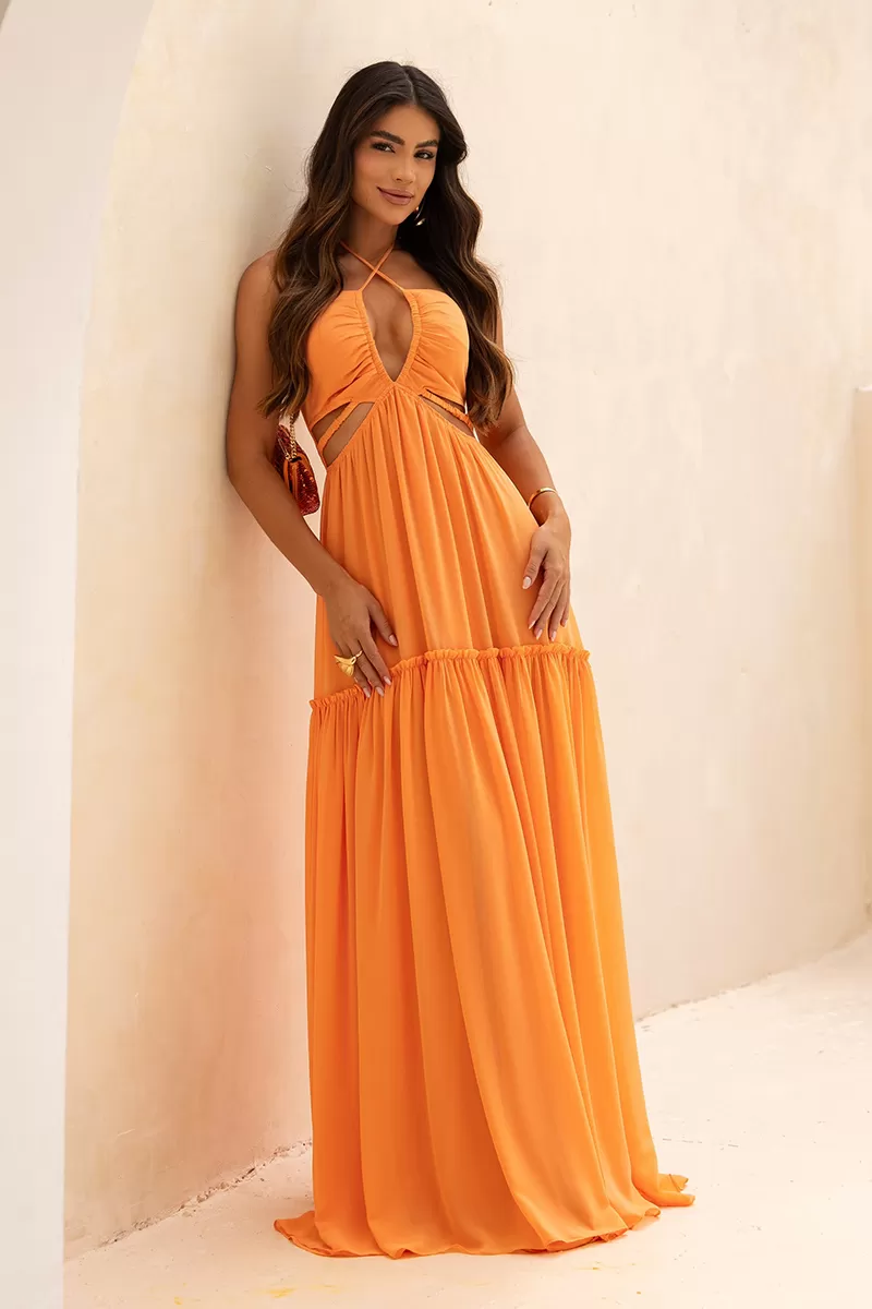 Dot Clothing - Dot Clothing Long AnaLu Orange Cutout Dress - 2584LARANJA