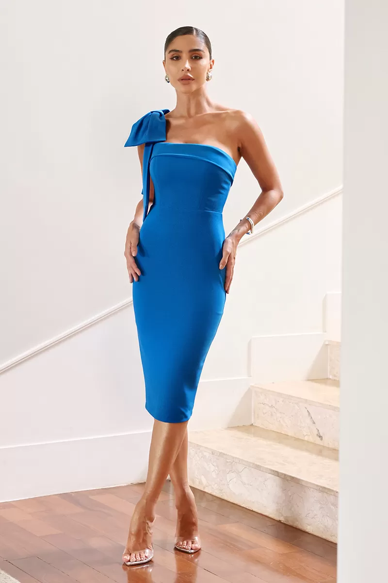 Dot Clothing - Vestido Dot Clothing Midi Um Ombro Com Laço Azul - 2124AZUL