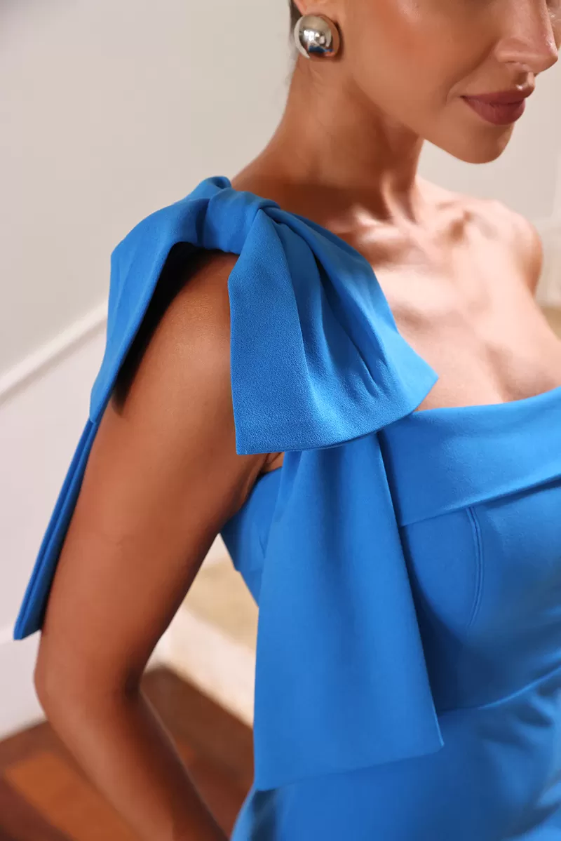 Dot Clothing - Vestido Dot Clothing Midi Um Ombro Com Laço Azul - 2124AZUL