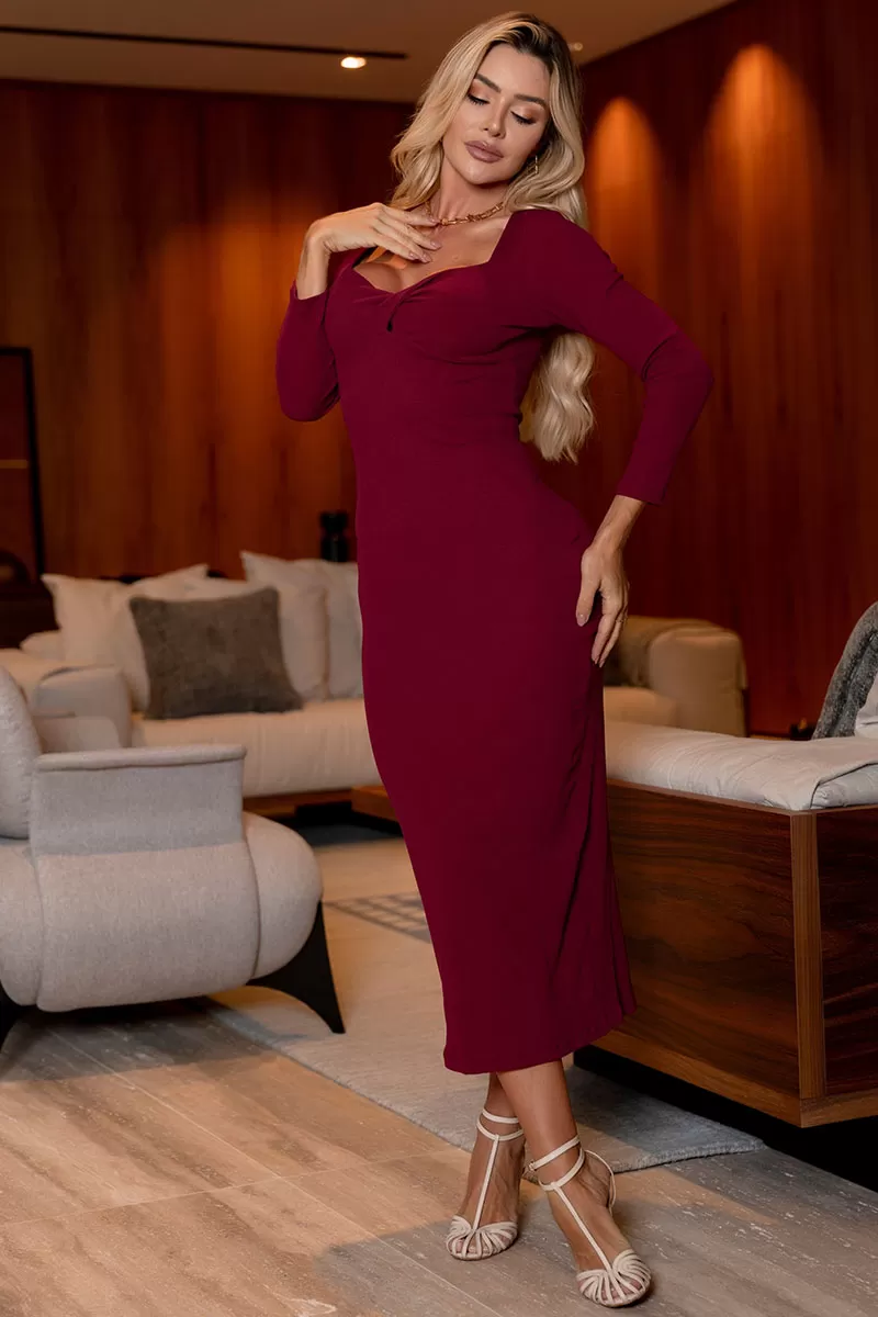 Miss Misses - Graciane Ribbed Dress with Wrap Front Wine - 54494006