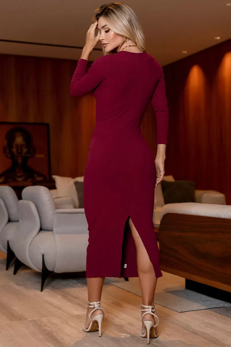 Miss Misses - Graciane Ribbed Dress with Wrap Front Wine - 54494006