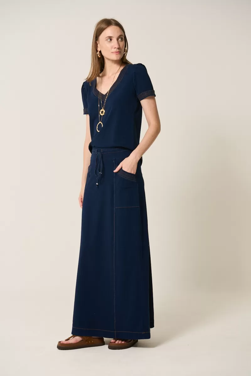 Hidrogênio - LONG SKIRT WITH EVASE CHANNELS AND JEANS POCKET - 20324042