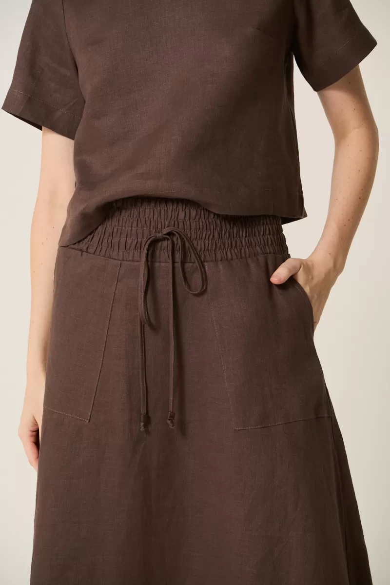 Hidrogênio - BROWN 100% LINEN MIDI FLARE SKIRT - 19800031
