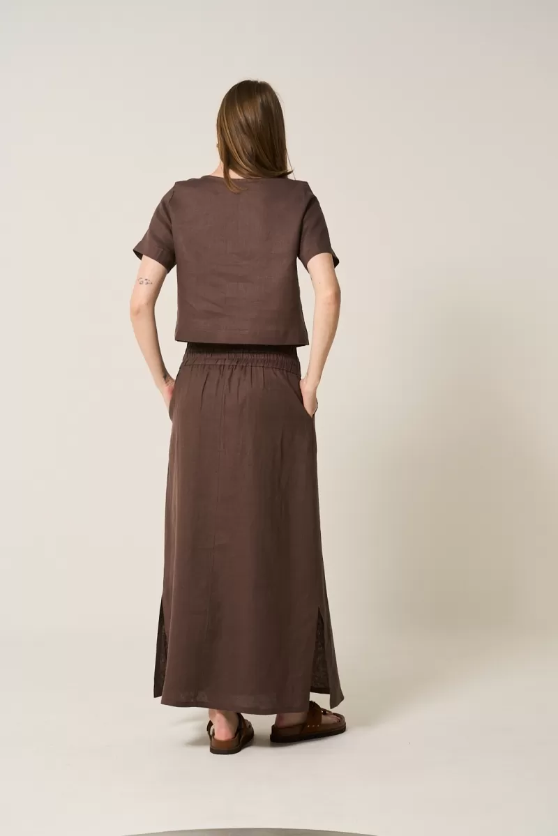 Hidrogênio - BROWN 100% LINEN MIDI FLARE SKIRT - 19800031