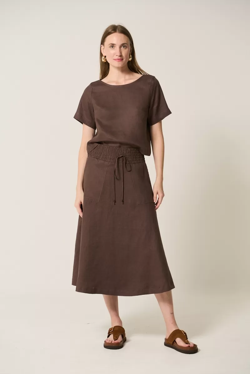 Hidrogênio - BROWN 100% LINEN MIDI FLARE SKIRT - 19800031