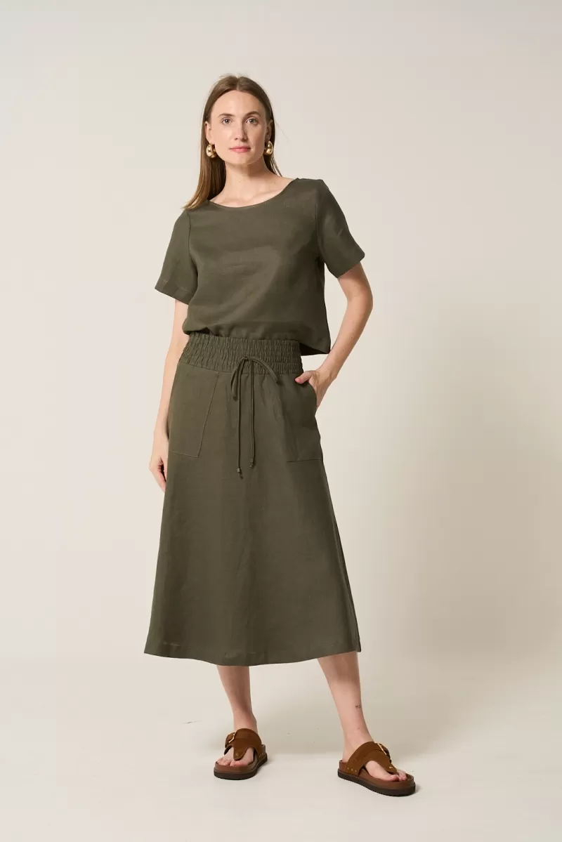 Hidrogênio - 100% MILITARY LINEN MIDI FLARE SKIRT - 19800005