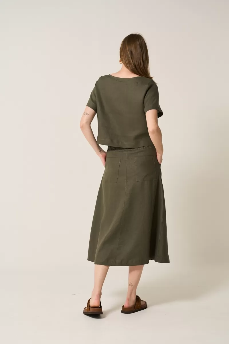 Hidrogênio - 100% MILITARY LINEN MIDI FLARE SKIRT - 19800005