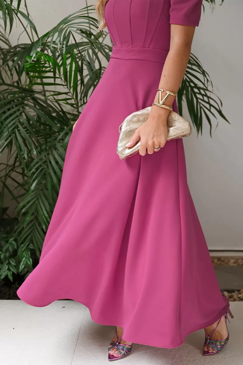 Miss Misses - Vestido Midi Bruna Manga Bufante C/ Barbatana Fúcsia - 54428234