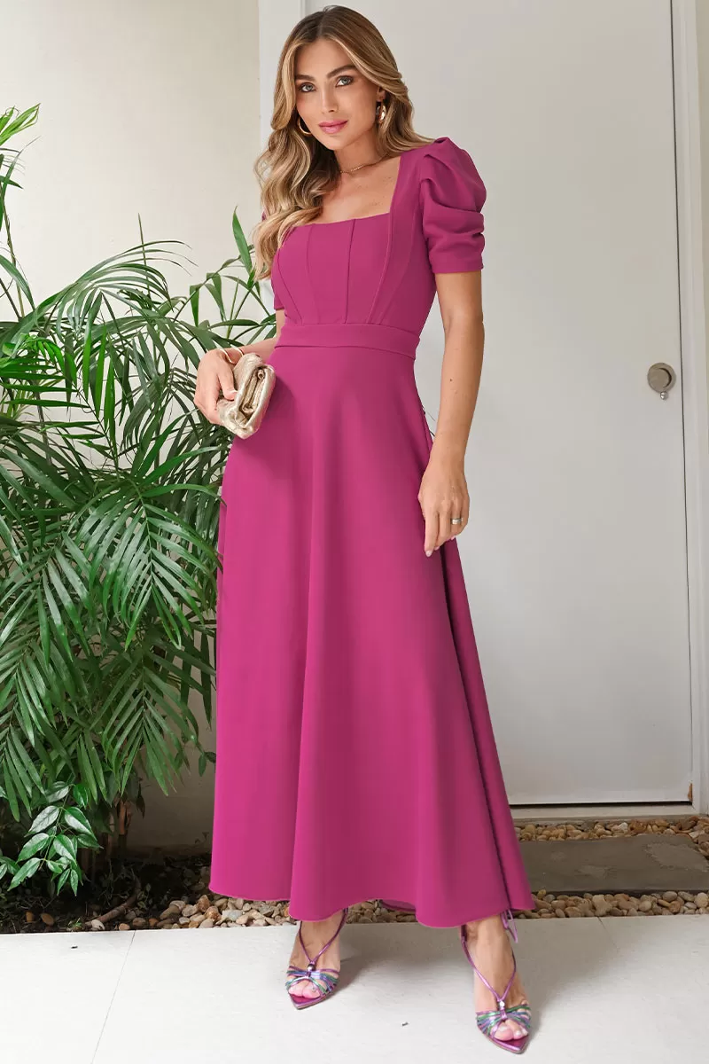 Miss Misses - Vestido Midi Bruna Manga Bufante C/ Barbatana Fúcsia - 54428234