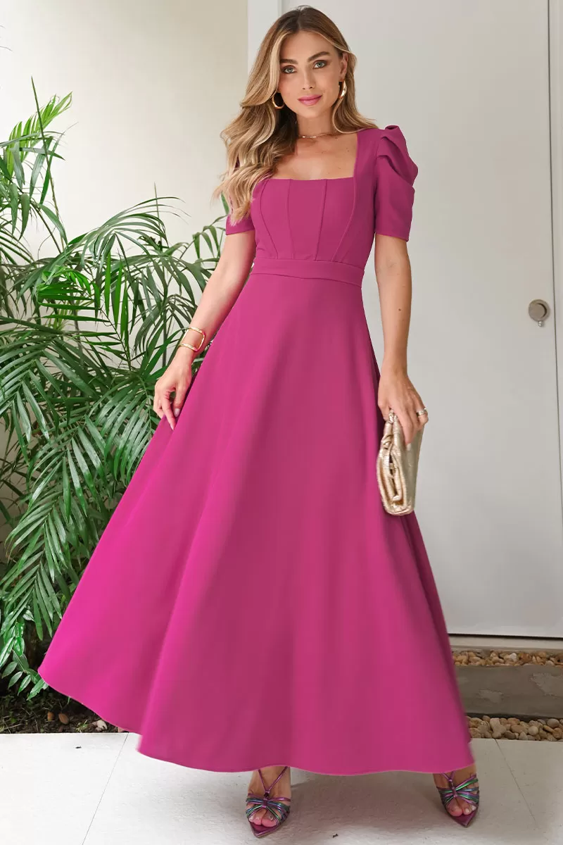 Miss Misses - Bruna Midi Dress with Puff Sleeves and Fuchsia Rib - 54428234