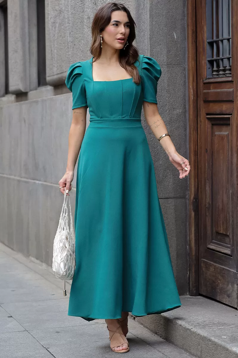 Miss Misses - Bruna Midi Dress with Puff Sleeves and Green Fin - 54428023