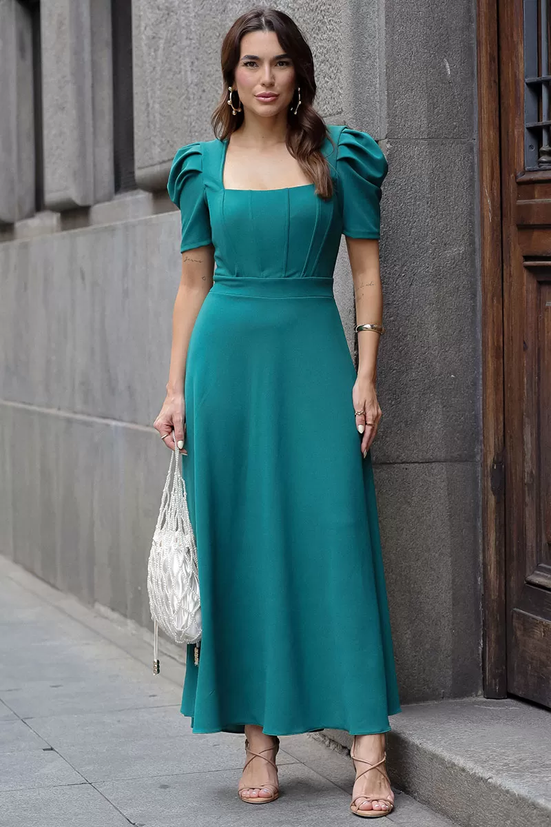 Miss Misses - Bruna Midi Dress with Puff Sleeves and Green Fin - 54428023