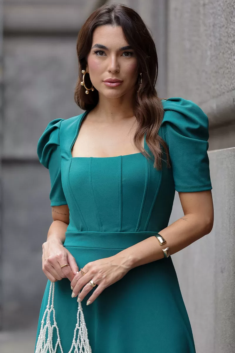 Miss Misses - Bruna Midi Dress with Puff Sleeves and Green Fin - 54428023