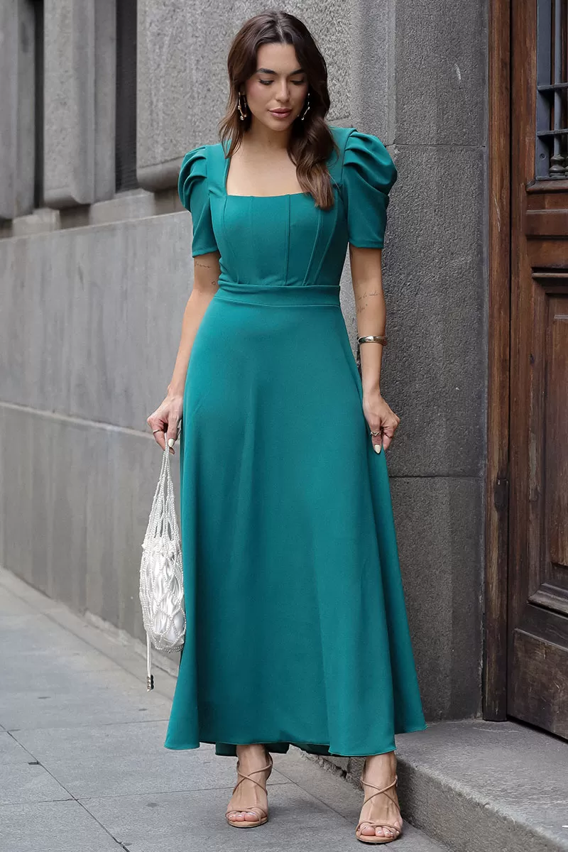Miss Misses - Bruna Midi Dress with Puff Sleeves and Green Fin - 54428023