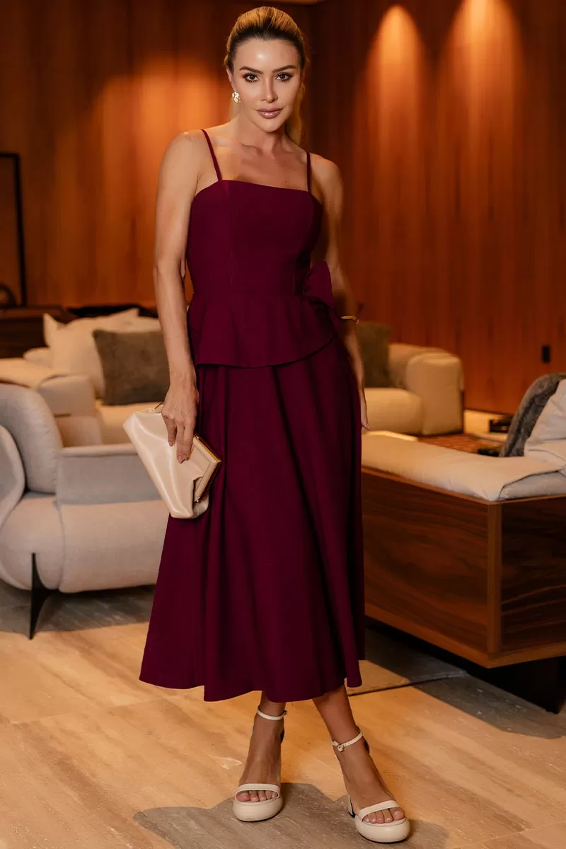 Miss Misses - Jessica Dress with Flower Detail at the Waist in Wine - 54497006