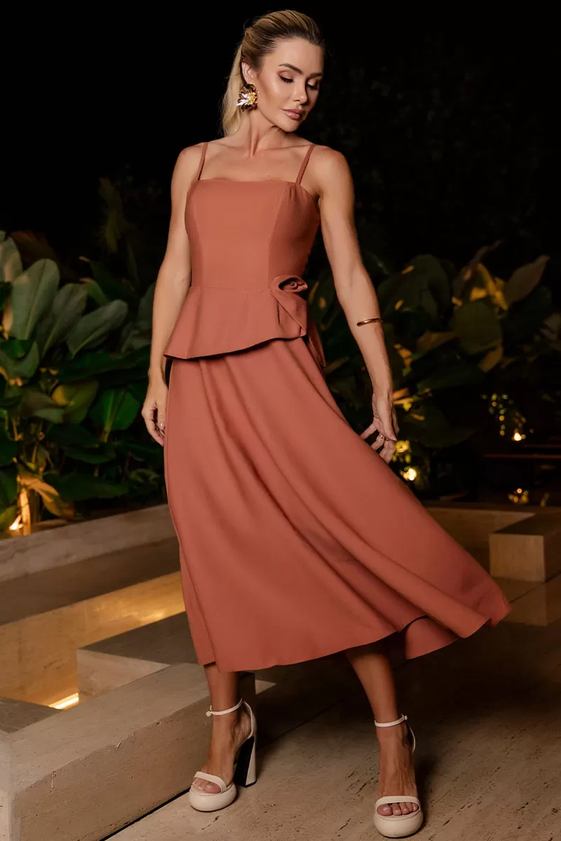 Miss Misses - Vestido Jessica C/ Detalhe Flor Na Cintura Caramelo - 54497134