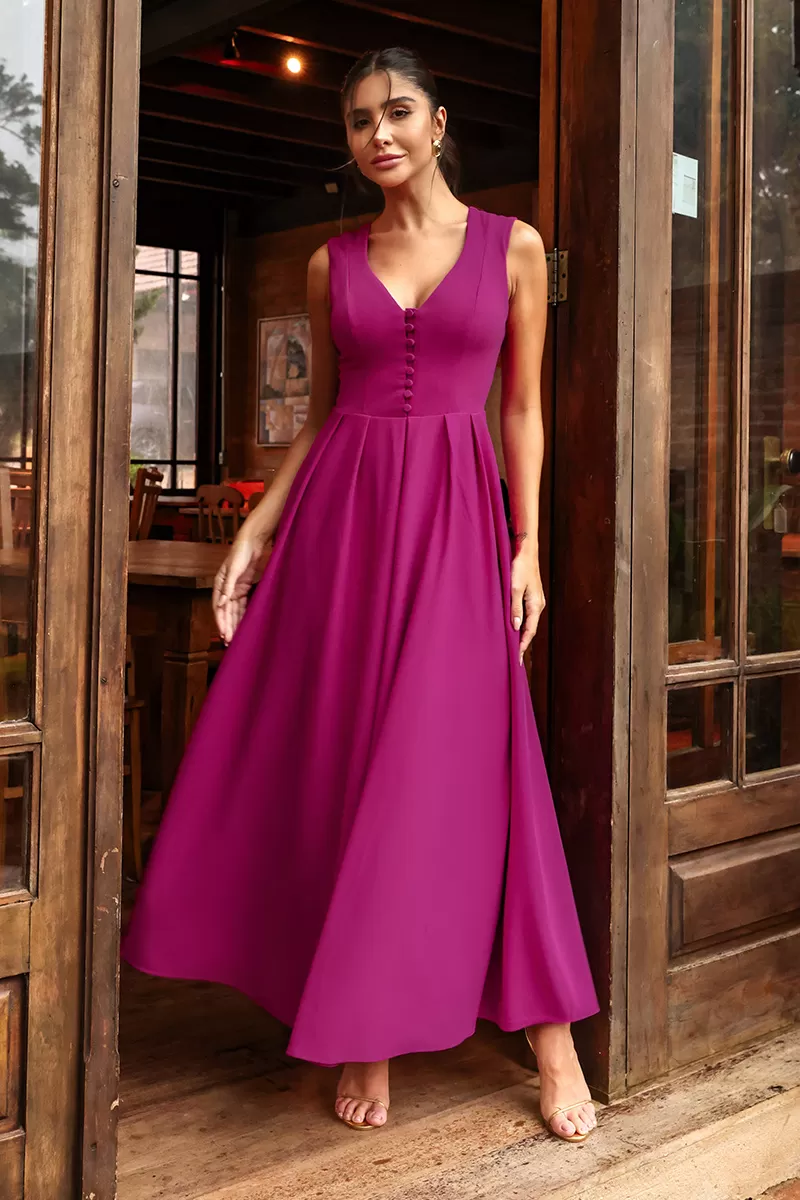 Dot Clothing - Dress Midi Dot Clothing Clara Det Fuchsia Buttons - 2641FUCSIA