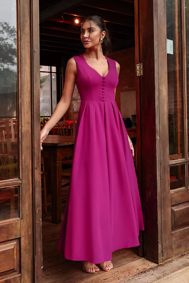 Dot Clothing - Dress Midi Dot Clothing Clara Det Fuchsia Buttons - 2641FUCSIA