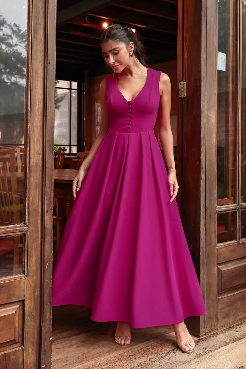 Dot Clothing - Dress Midi Dot Clothing Clara Det Fuchsia Buttons - 2641FUCSIA