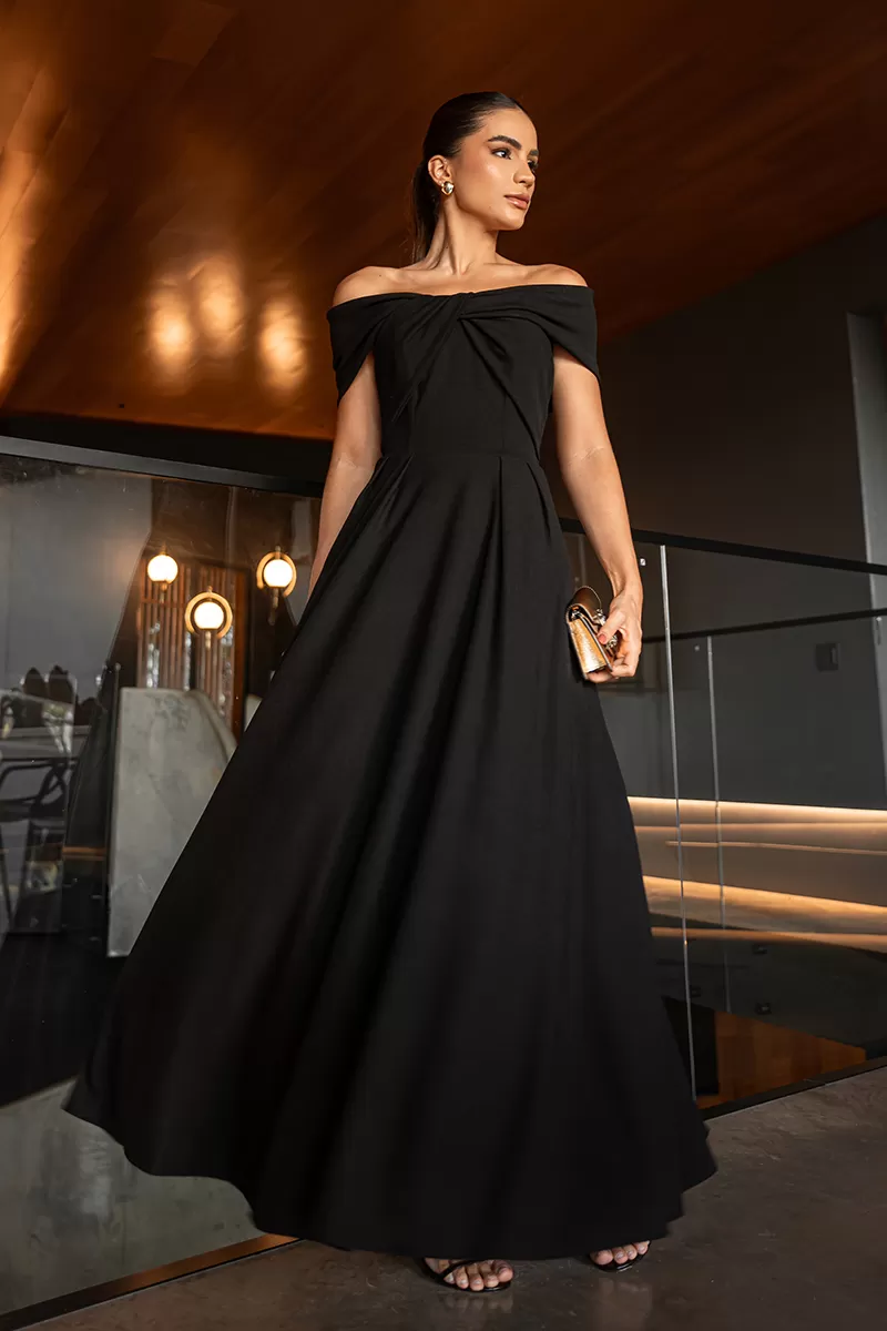 Dot Clothing - Dot Clothing Cleo Off-the-Shoulder Longuete Dress in Black - 2644PRETO