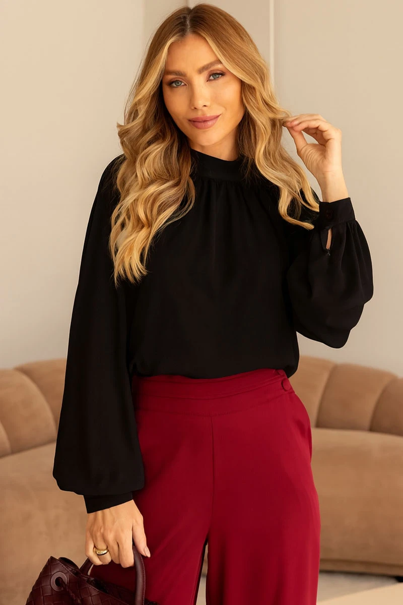 Miss Misses - Celina Crepe Shirt with Ruffled Collar, Long Sleeve, Black - 54515001