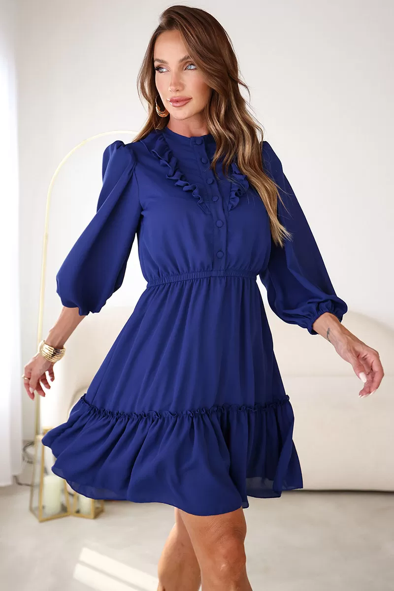 Miss Misses - Vestido Fatima Crepe C/ Babado E C/ Botão Marinho - 54501004