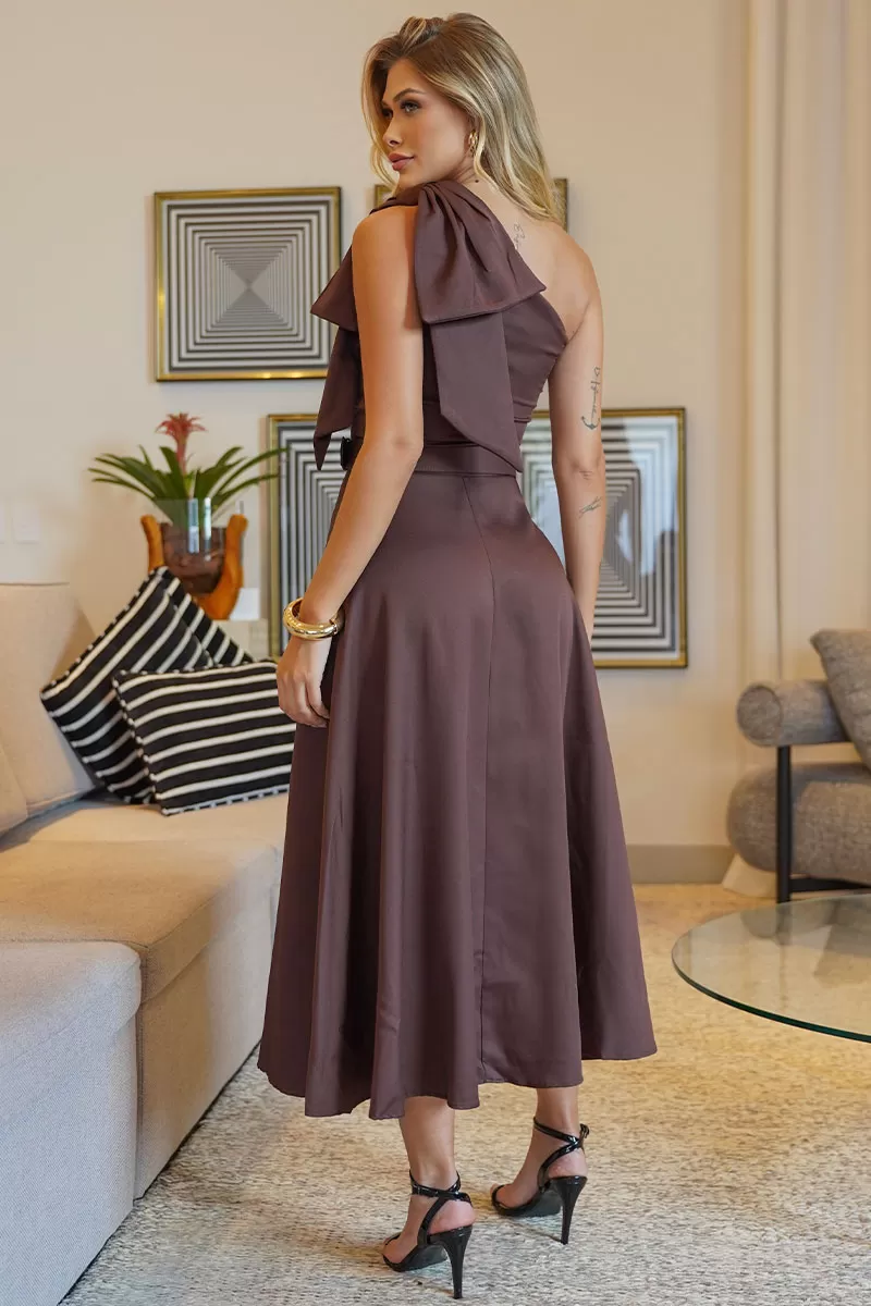 Miss Misses - Julia One Shoulder Dress with EC/Belt Bow Brown - 54384214