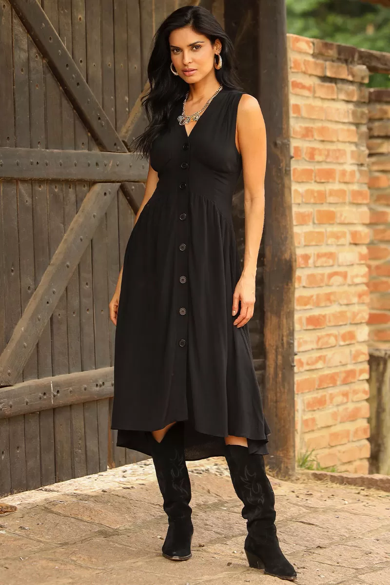 Miss Misses - Heide Dress Open Front With Buttons Black - 54522001