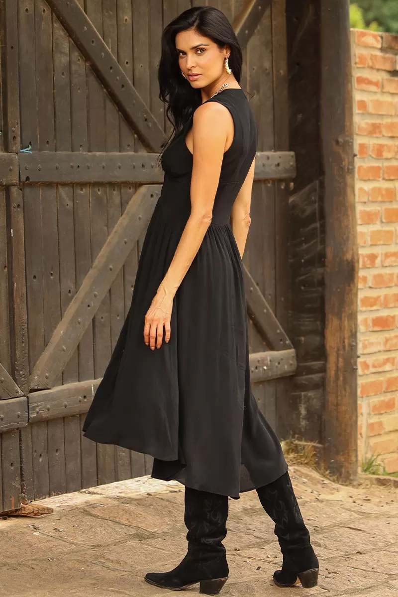 Miss Misses - Heide Dress Open Front With Buttons Black - 54522001