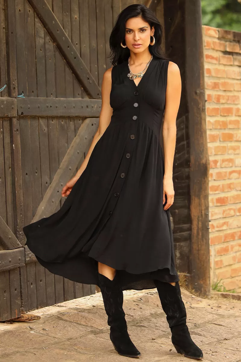 Miss Misses - Heide Dress Open Front With Buttons Black - 54522001