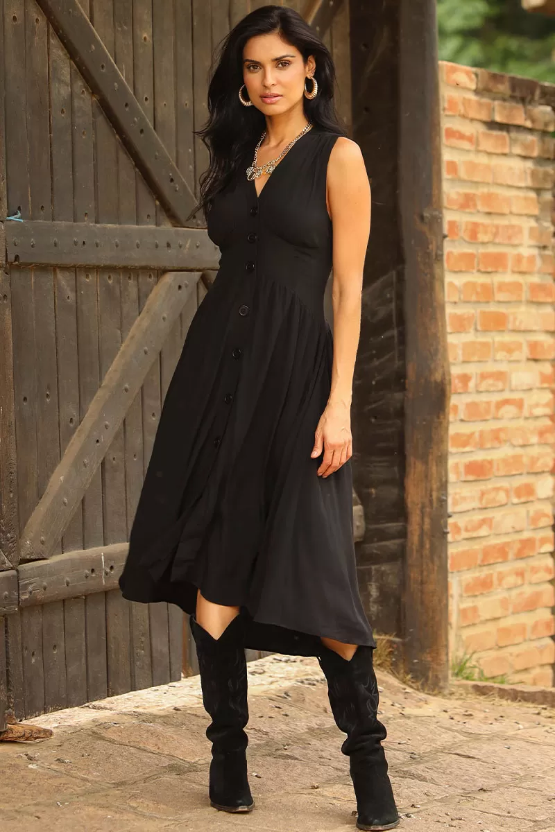 Miss Misses - Heide Dress Open Front With Buttons Black - 54522001