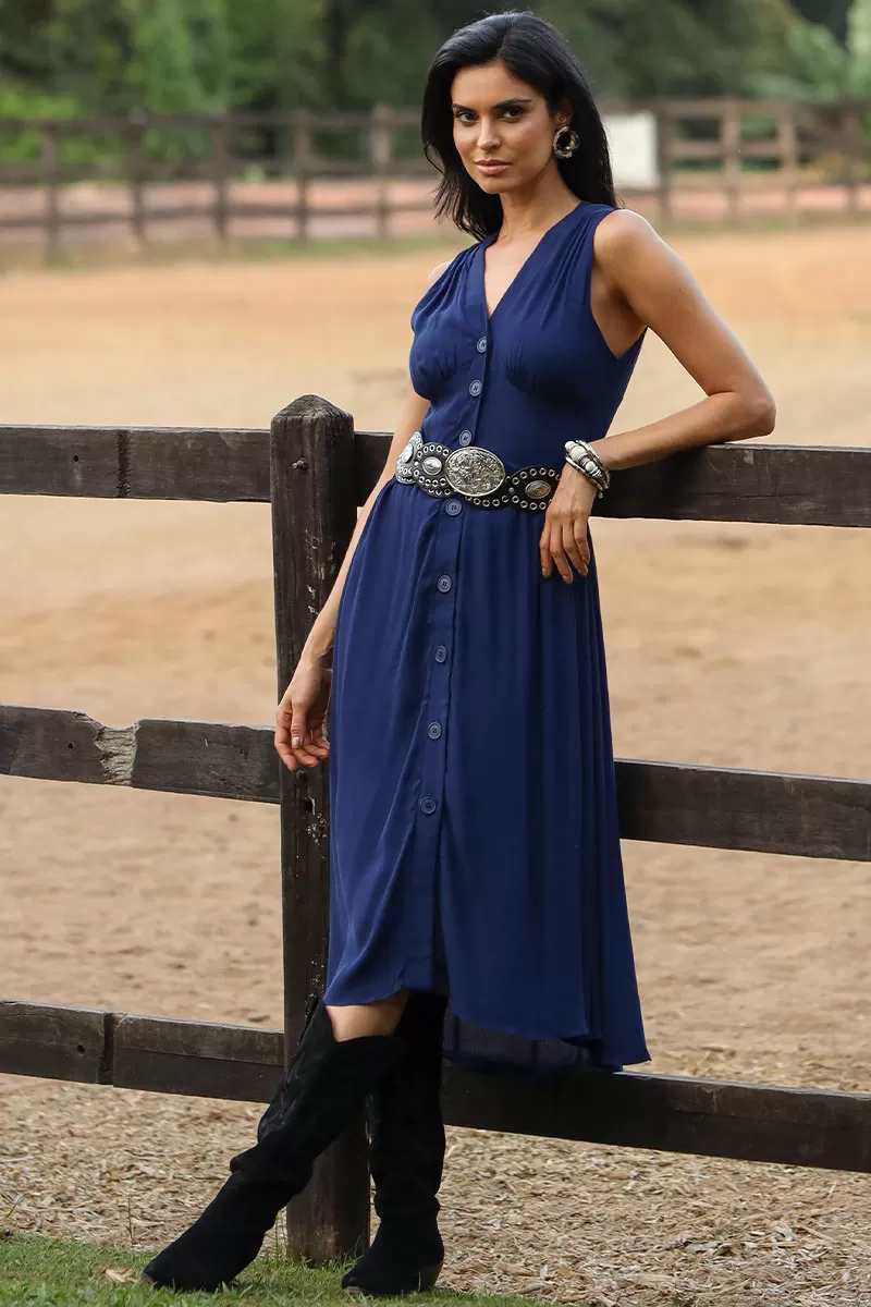 Miss Misses - Heide Dress Open Front With Buttons Navy - 54522004