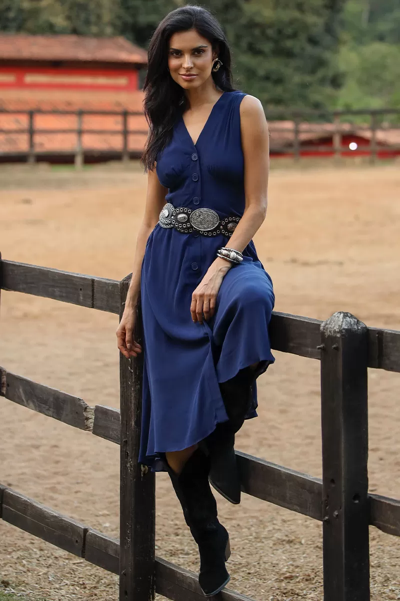 Miss Misses - Heide Dress Open Front With Buttons Navy - 54522004