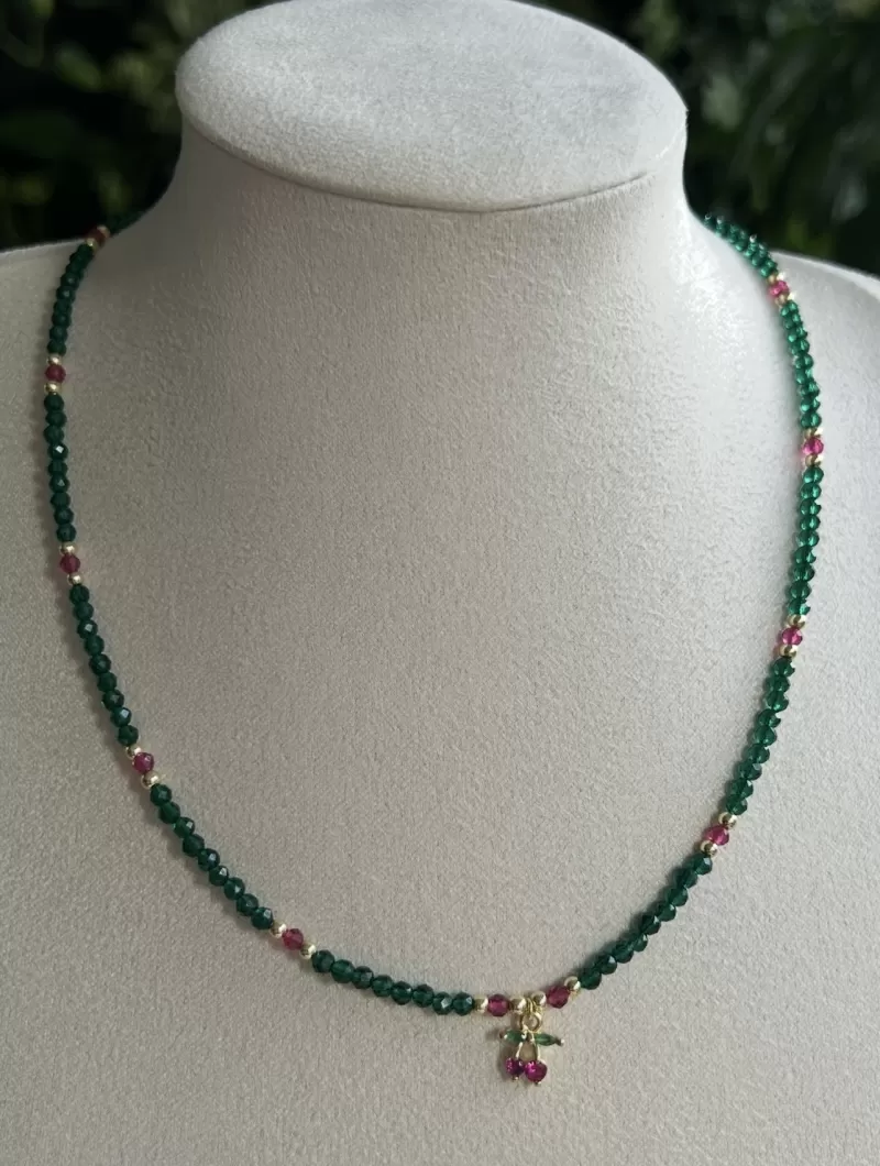 Mikabe - Colar Cereja Zircônia Verde e Pink - MK2023