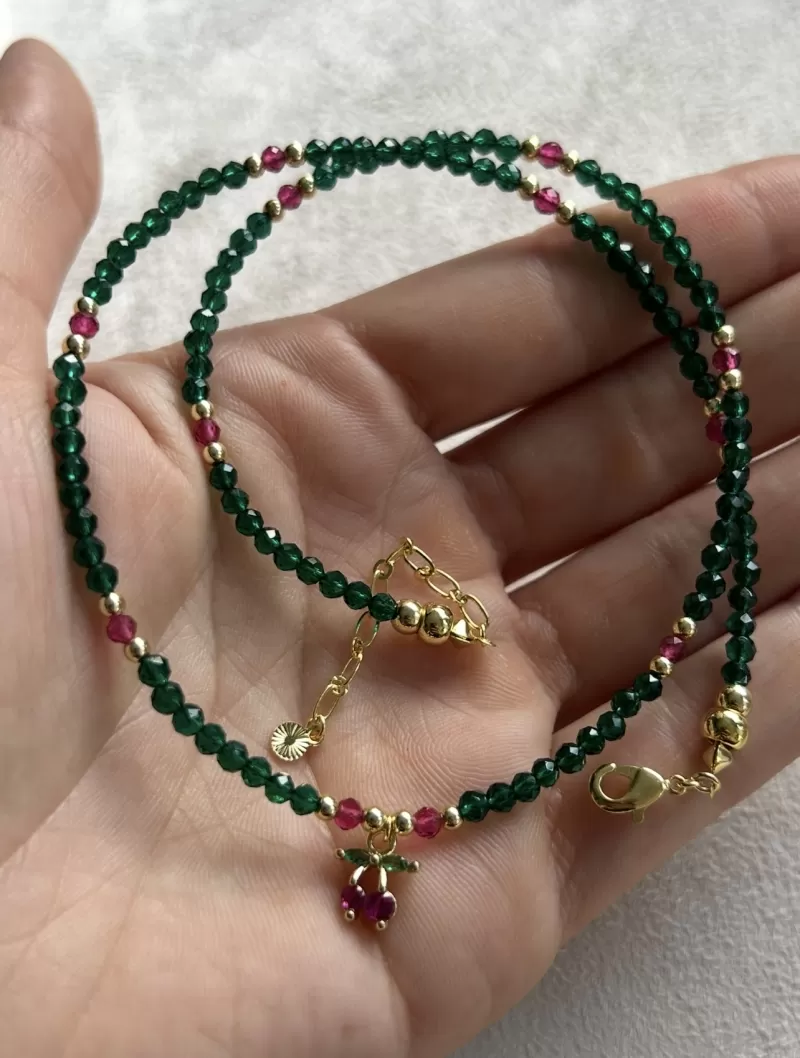 Mikabe - Colar Cereja Zircônia Verde e Pink - MK2023
