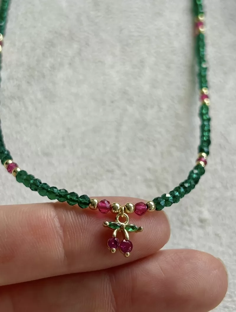Mikabe - Colar Cereja Zircônia Verde e Pink - MK2023