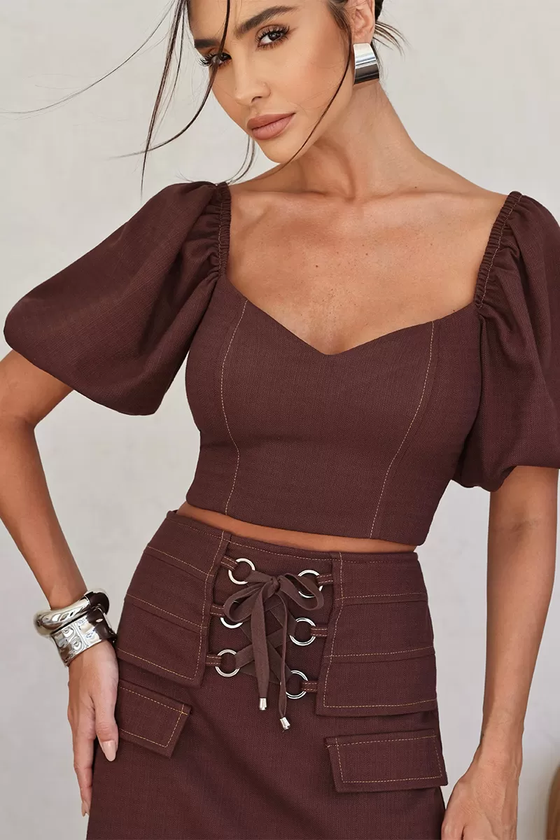 Dot Clothing - Sonia Dot Clothing Cropped and Shorts Brown Set - 2673MARROM