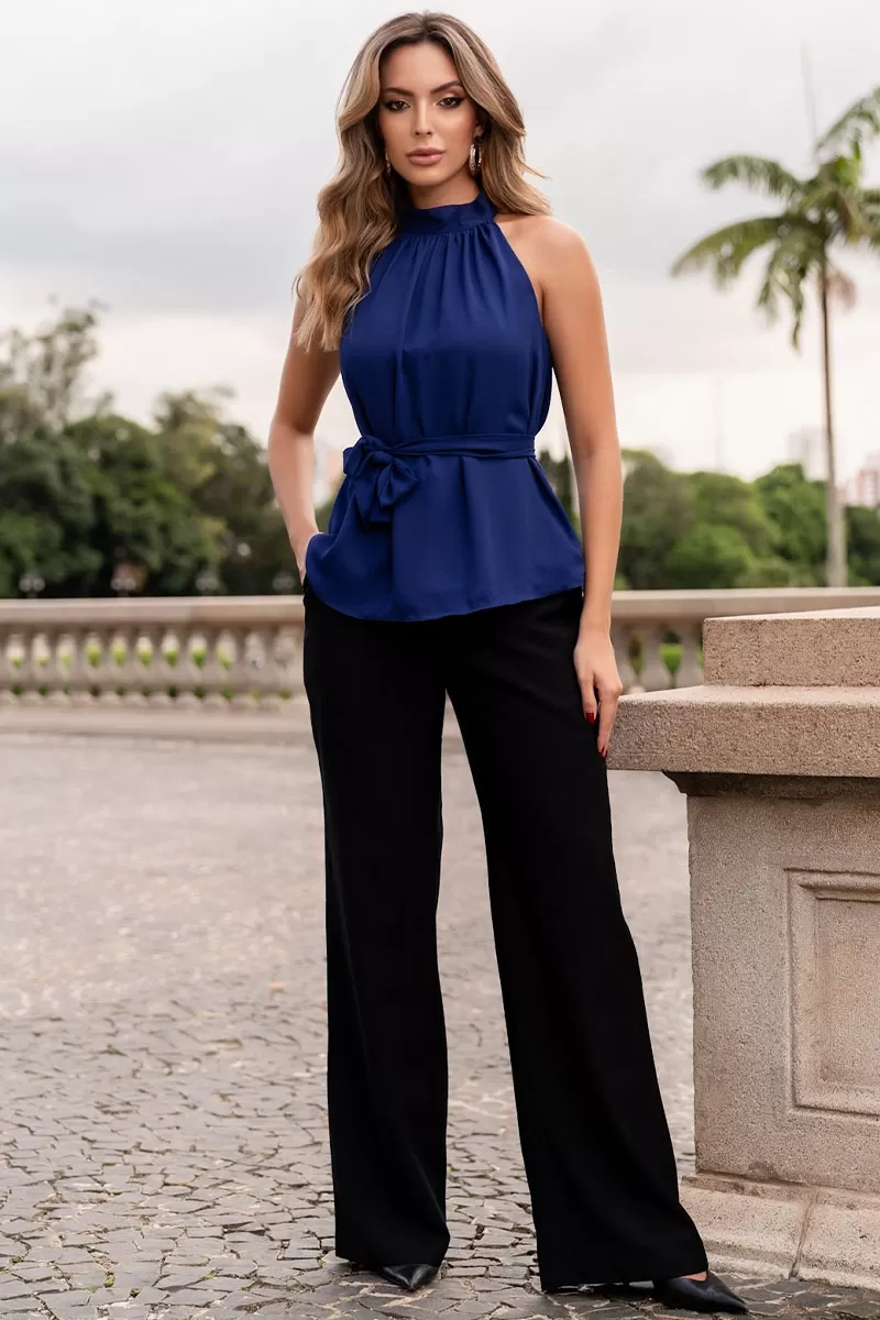 Miss Misses - Blusa Nivia Crepe C/ Laço Na Gola Marinho - 54479004